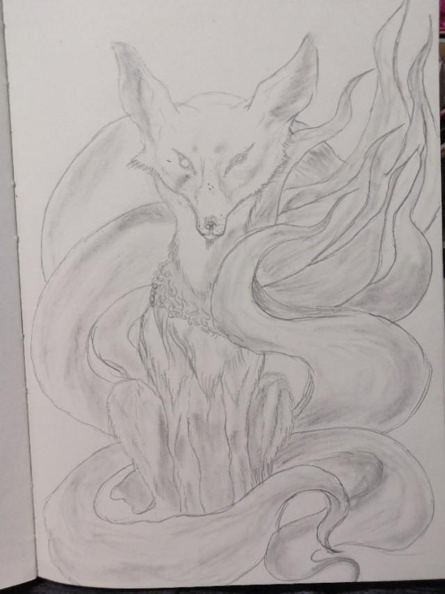 九尾狐素描画，神秘魅力的艺术展现