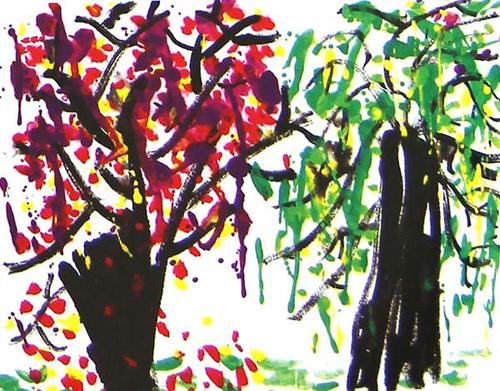 小班美术水粉画，画柳树叶